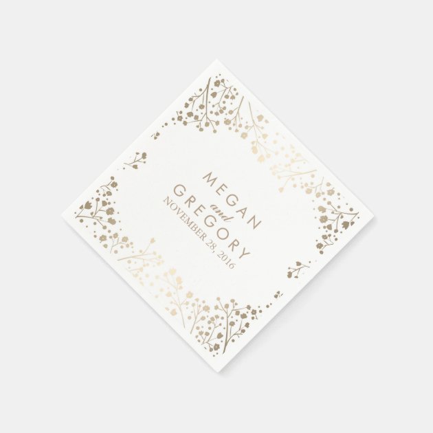 Baby's Breath Gold Floral White Wedding Paper Napkin