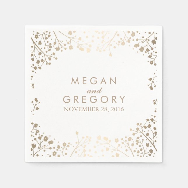 Baby's Breath Gold Floral White Wedding Paper Napkins (Front)