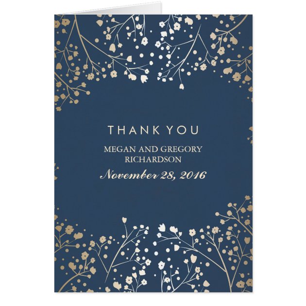 Baby's Breath Gold Foil Navy Wedding Thank You Card