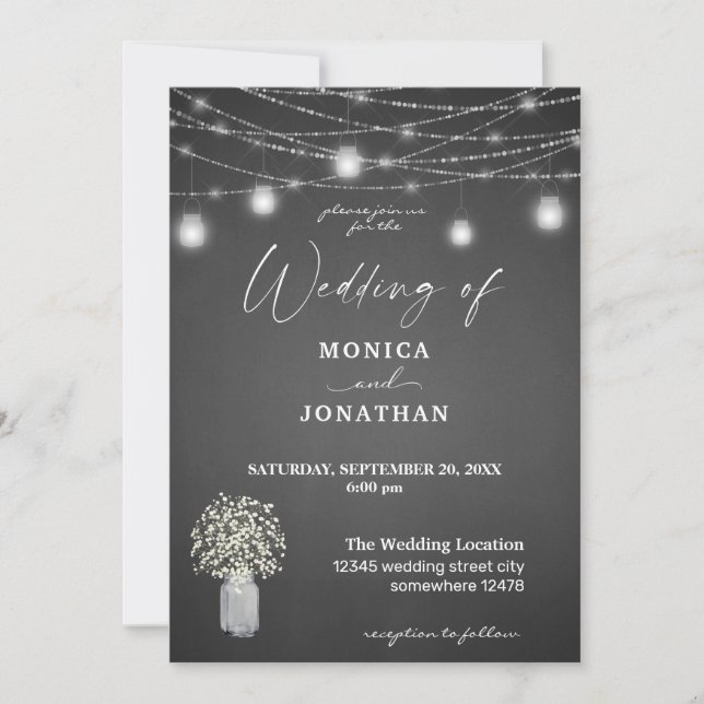Baby's Breath Gray Chalkboard & String Lights Invitation (Front)