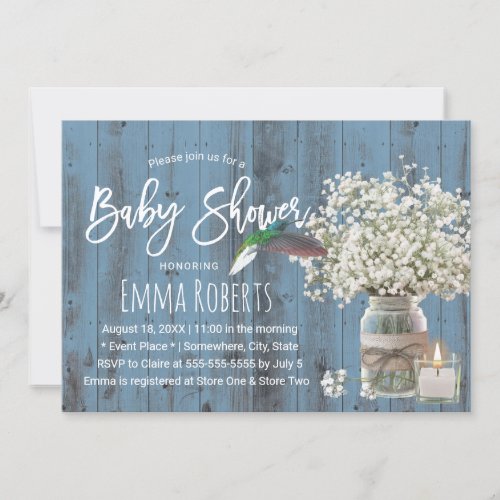 Babys Breath  Hummingbird Dusty Blue Baby Shower Invitation