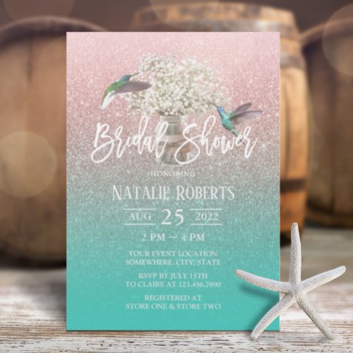 Babys Breath Hummingbird Rose Gold Bridal Shower Invitation