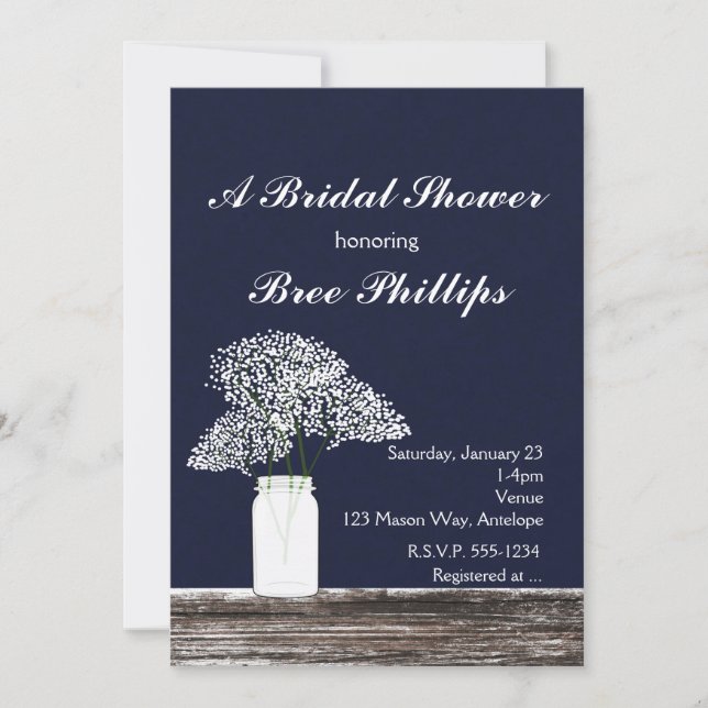 Baby's Breath in Mason Jar Rustic Blue Invitations (Front)