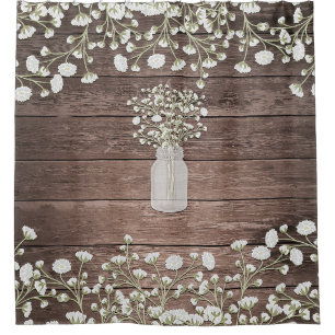 Baby's Breath in Mason Jar Rustic Wood Shower Curtain