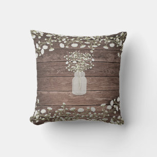 Baby's Breath in Mason Jar Rustic Wood Throw Pillow