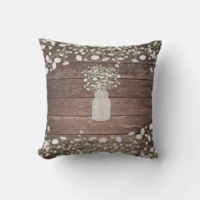 Baby's Breath in Mason Jar Rustic Wood Throw Pillow (Front)