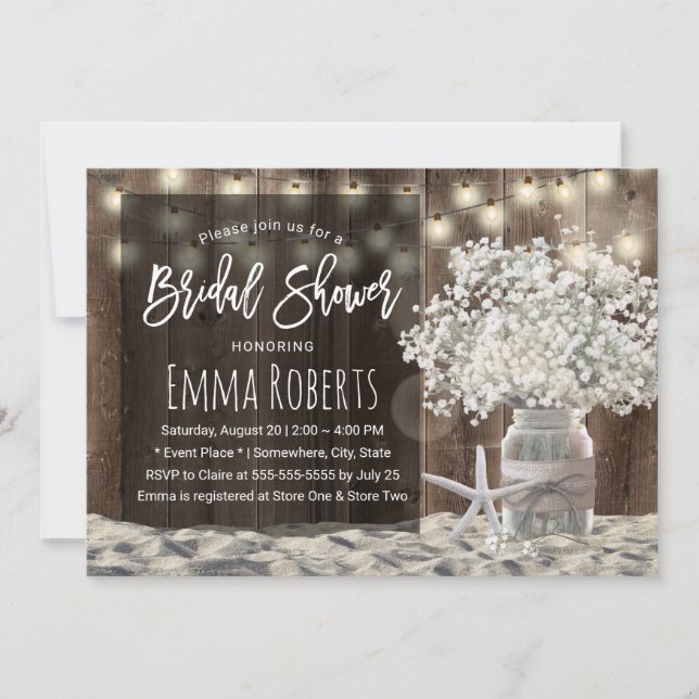 Baby's Breath Jar Beach Barn Wood Bridal Shower Invitation (Front)