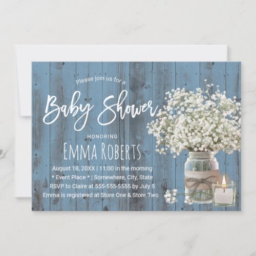 Babys Breath Jar  Candle Dusty Blue Baby Shower Invitation