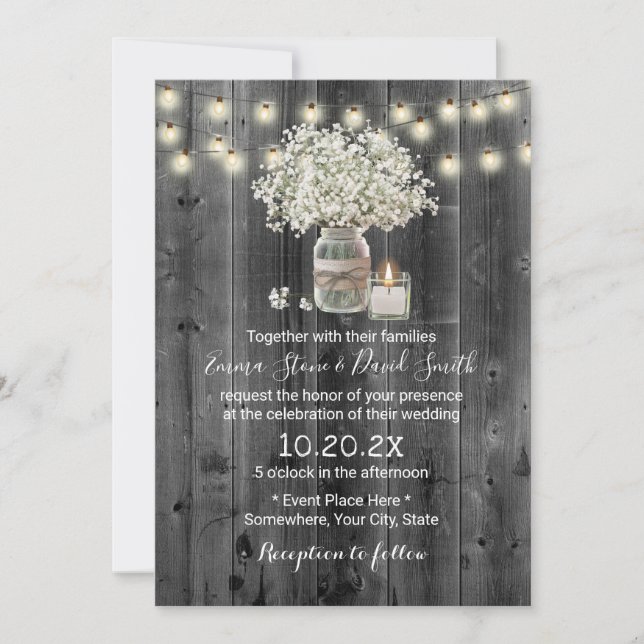 Baby's Breath Jar & Candle Rustic Barn Wedding Invitation (Front)