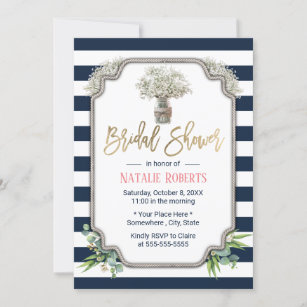 Baby's Breath Jar Navy Blue Stripes Bridal Shower Invitation