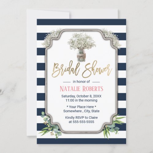 Babys Breath Jar Navy Blue Stripes Bridal Shower Invitation