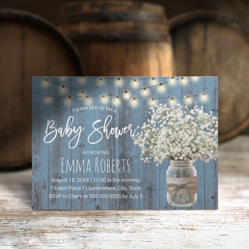 Babys Breath Jar Rustic Dusty Blue Baby Shower Invitation