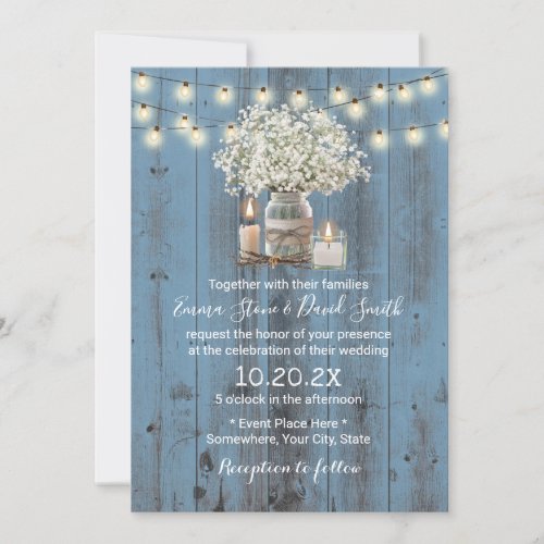 Babys Breath Jar Rustic Dusty Blue Barn Wedding Invitation