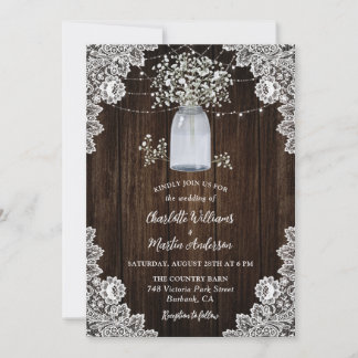 Baby's Breath Lace Wood Mason Jar Wedding Invitation