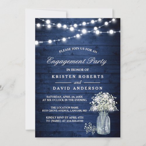 Babys Breath Lights Rustic Blue Engagement Party Invitation