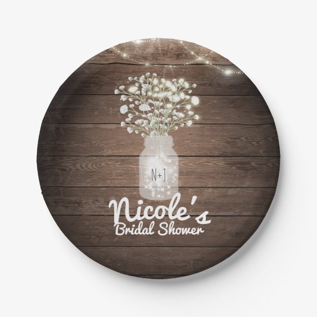 Baby's Breath & Lights Rustic Wedding Reception Paper Plates (Front)