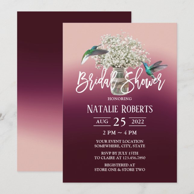 Baby's Breath & Love Birds Wine Red Bridal Shower Invitation (Front/Back)