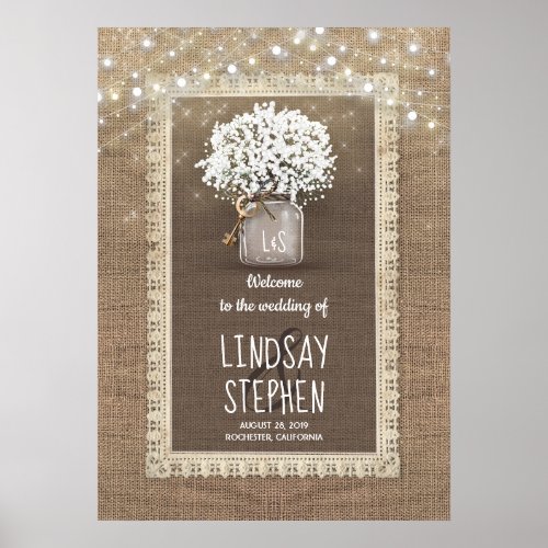 Babys Breath Mason Jar and Burlap Wedding Welcome Poster