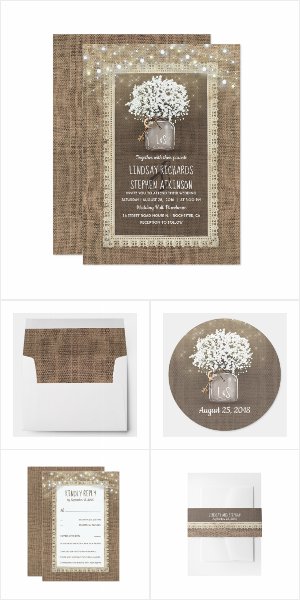 Baby's Breath Mason Jar and Burlap Wedding Invitation Set