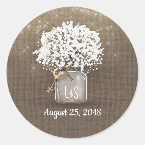 Babys Breath Mason Jar and Rustic Burlap Classic Round Sticker