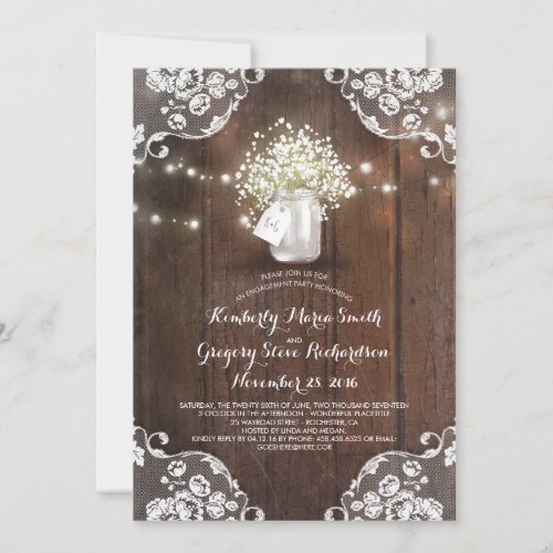 Babys Breath Mason Jar Barn Wood Engagement Party Invitation