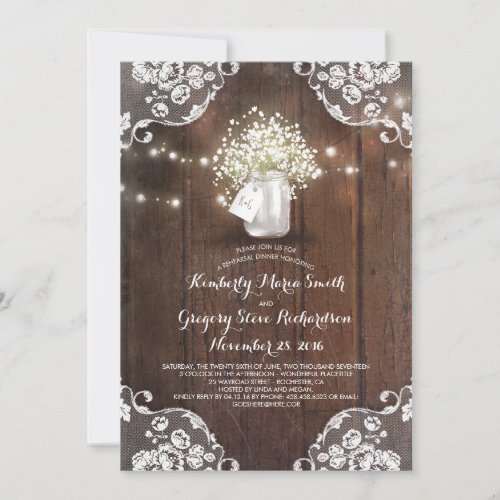 Babys Breath Mason Jar Barn Wood Rehearsal Dinner Invitation