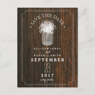 Baby's Breath Mason Jar Barn Wood Save The Date Announcement Postcard