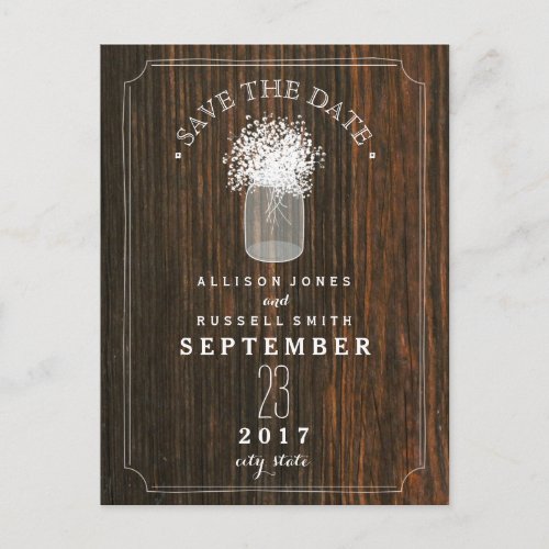 Babys Breath Mason Jar Barn Wood Save The Date Announcement Postcard