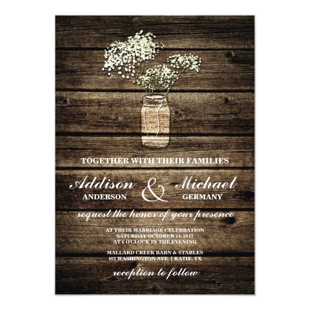 Baby's Breath Mason Jar | Barn Wood Wedding Invitation