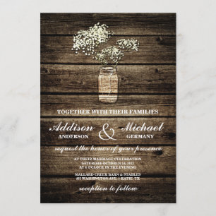 Baby's Breath Mason Jar   Barn Wood Wedding Invitation
