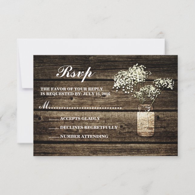 Baby's Breath Mason Jar | Barn Wood Wedding RSVP Card (Front)