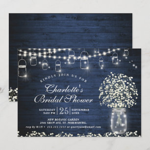 Baby's Breath Mason Jar Blue Rustic Bridal Shower Invitation