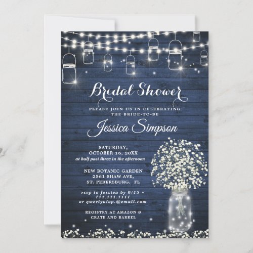 Babys Breath Mason Jar Blue Rustic Bridal Shower Invitation