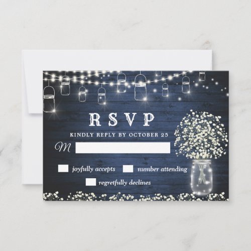 Babys Breath Mason Jar Blue Rustic RSVP Card