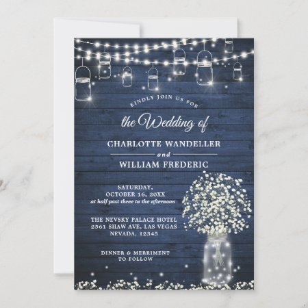 Baby's Breath Mason Jar Blue Wood Wedding Qr Code Invitation