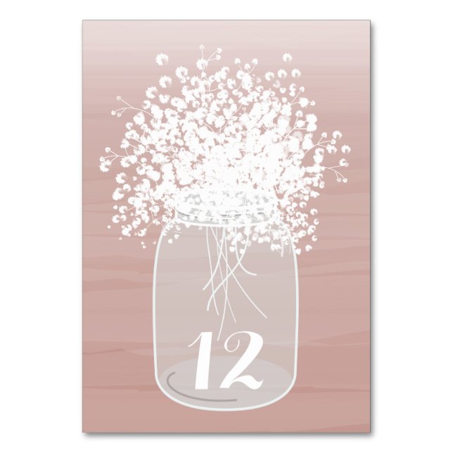 Baby's Breath Mason Jar Blush Watercolor Table Number (Front)