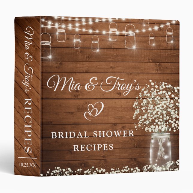Baby's Breath Mason Jar Bridal Shower Recipe Book 3 Ring Binder (Front/Spine)