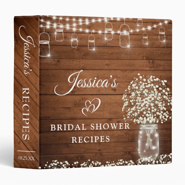 Baby's Breath Mason Jar Bridal Shower Recipe Book 3 Ring Binder (Front/Spine)