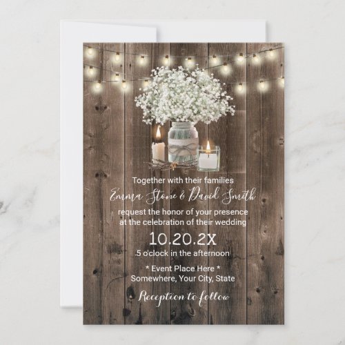 Babys Breath Mason Jar  Candles Rustic Wedding Invitation