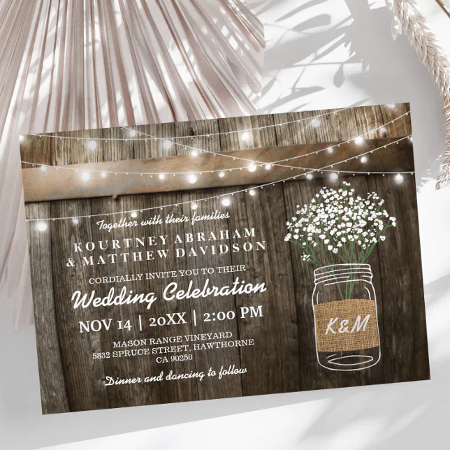 Baby's Breath Mason Jar Country Rustic Wedding Invitation | Zazzle