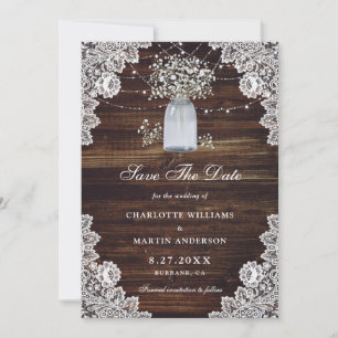 Baby's Breath Mason Jar Floral Lace Burlap Wood Save The Date