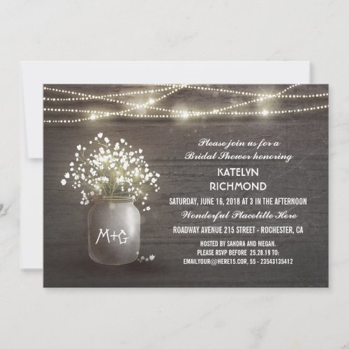 Babys Breath Mason Jar Lights Bridal Shower Invitation