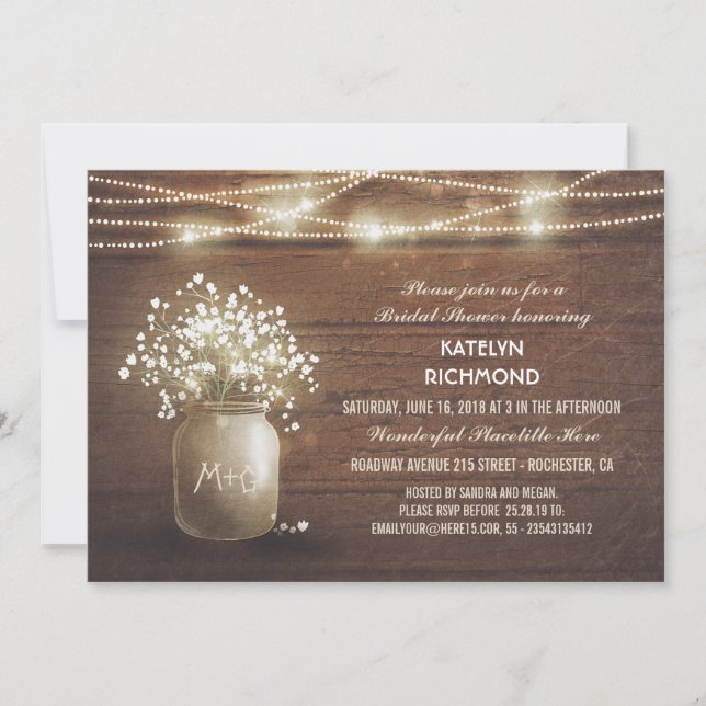 Baby's Breath Mason Jar Lights Bridal Shower Invitation (Front)