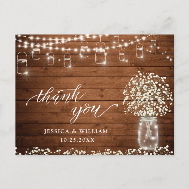 Baby's Breath Mason Jar Lights Rustic Thank You Postcard (Front)