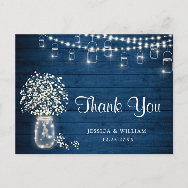 Baby's Breath Mason Jar Lights Rustic Thank You Postcard (Front)