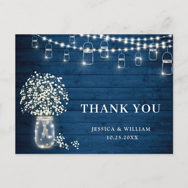 Baby's Breath Mason Jar Lights Rustic Thank You Postcard (Front)
