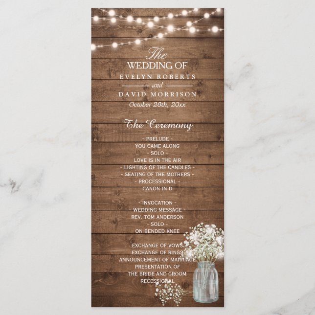 Baby's Breath Mason Jar Lights Wedding Program (Front)