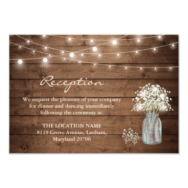 Baby's Breath Mason Jar Lights Wedding Reception Card