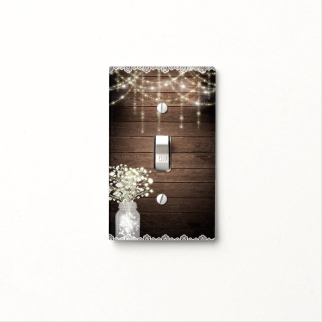 Baby's Breath Mason Jar Lights & Wood Chic Light Switch Cover (In Situ)