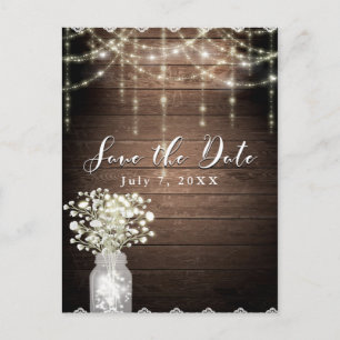 Baby's Breath Mason Jar Lights Wood Save the Date Announcement Postcard
